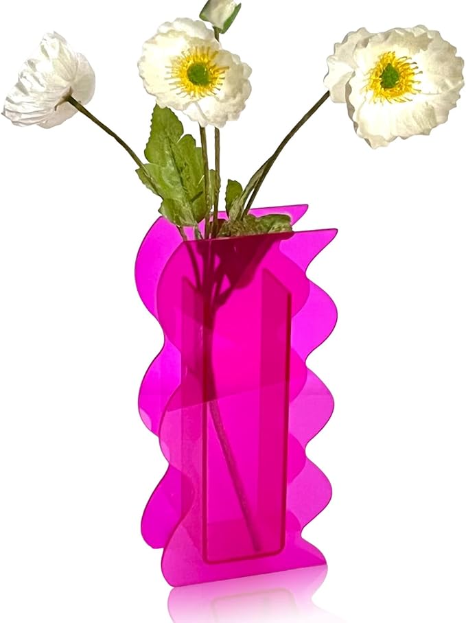 Hot Pink Acrylic Vase, 8-Inch Wave Shaped, Modern Centerpiece, Home Office Decor