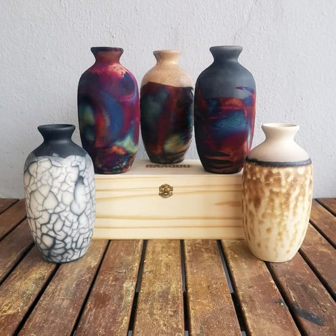 RAAQUU Koban 7 inch Raku Ceramic Pottery Vase with Gift Box Corporate Gift in a Pine Box -Personalized Rustic Boho Handmade Gift in Full Copper Matte