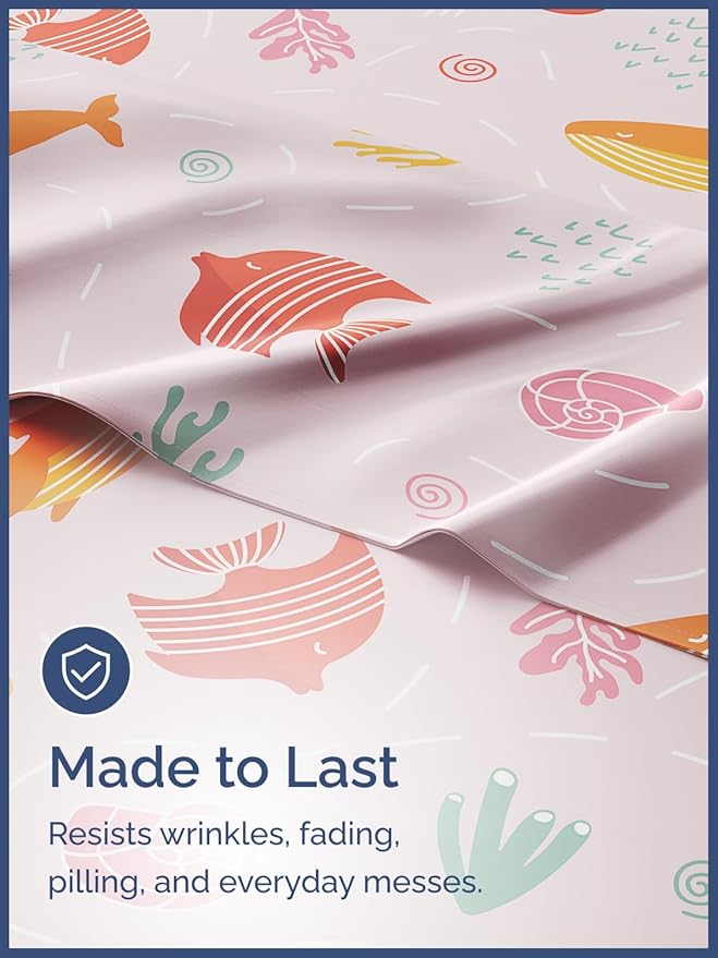 Kids Pink Fish Queen 4 Piece Sheet Set - Boys, Girls, Teens, Toddler - Easy Fit Deep Pockets - Breathable, Hotel Quality Kids Sheets - Machine Washable - Wrinkle Free - Cute, Cozy, Soft - CGK Linens