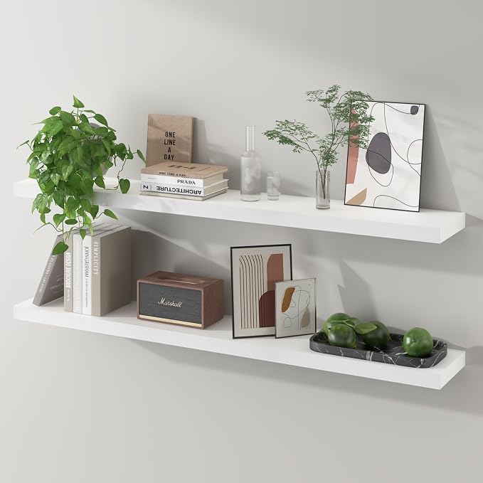 SAUMONIERES 48 Inch Floating Wall Shelves for Bedroom Bathroom Wall Mounted Solid Wood Shelf Storage Decor Set of 2, White Floating Shelves