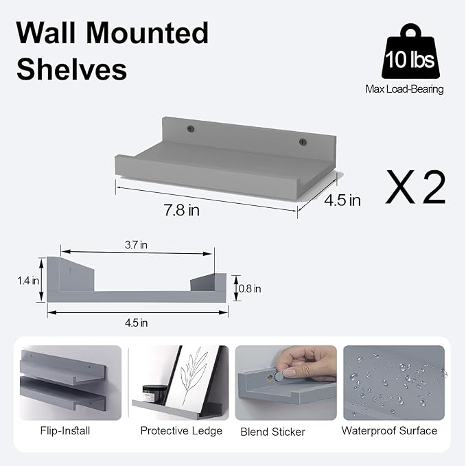 Small Floating Shelves for Wall Decor, Wall Mounted Wood Shelf for Bedroom, Living Room, Bathroom, Kitchen, Nursery, Display Picture Ledge Shelf with Lip Set of 2-8 Inches, Grey