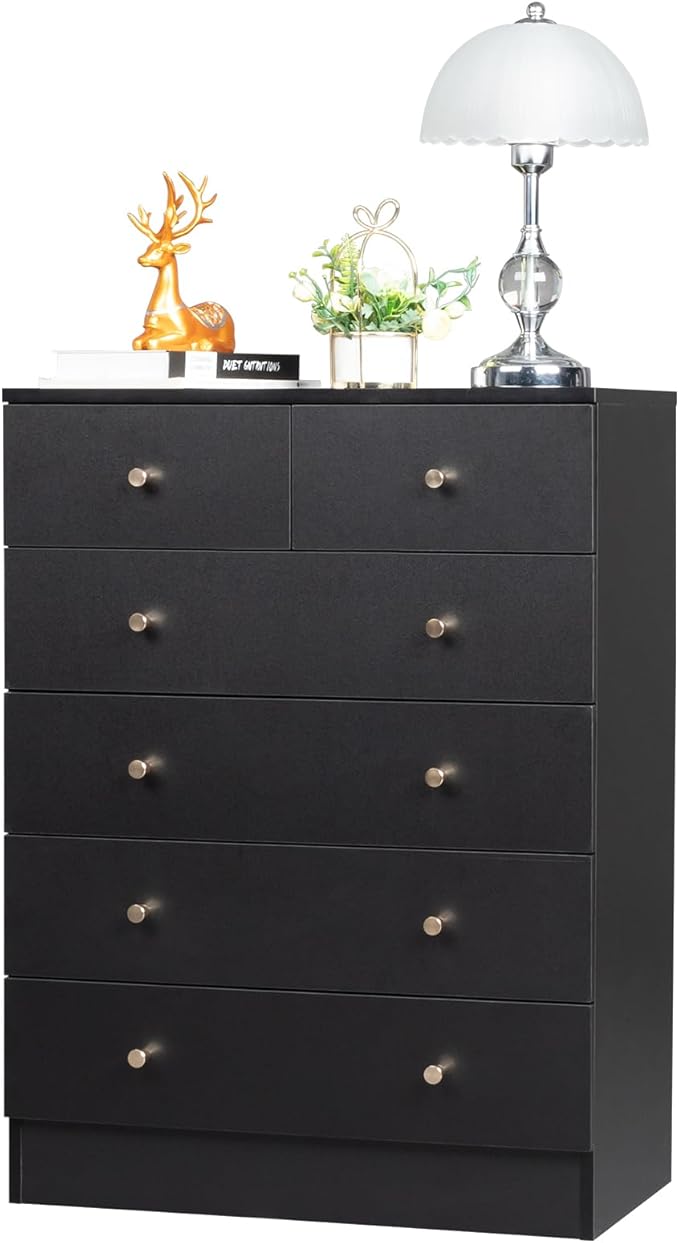 Karl home Black 6 Drawer Dresser for Bedroom, Tall Dresser Chest of Drawers, Wood Bedroom Dressers Clothes Organizer, Anti-Tipping Device, Rose Gold Metal Handle, Living Room, Entryway, Office