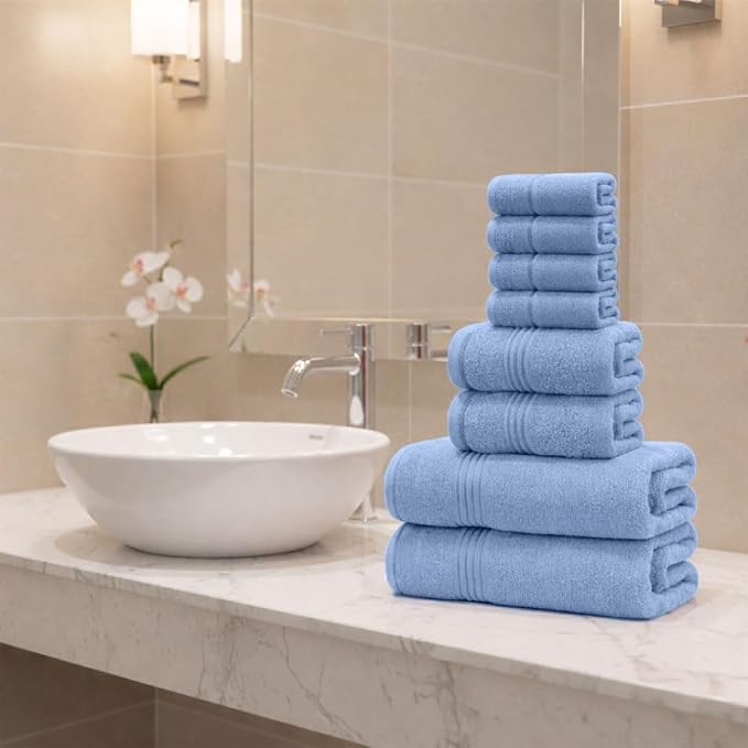 Light Blue Bath Towels for Bathroom – 100% Cotton, Thick, Soft, Luxury Bath Towels Set with 2 Extra Large Bath, 2 Hand, and 4 Washcloths – Plush, Absorbent, and Hotel-Quality Towels for Bathroom & Spa