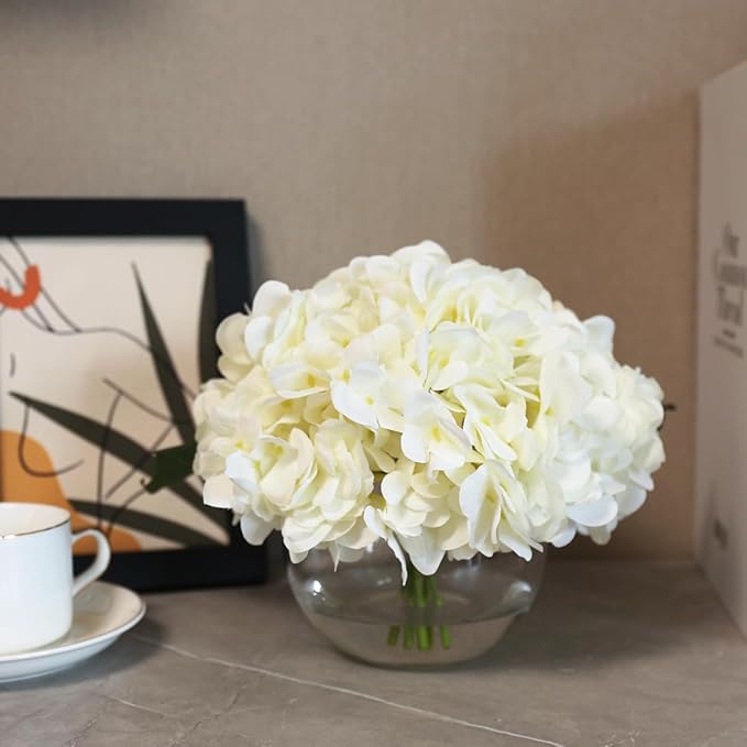 Silk Hydrangea Flowers in Vase, Small Silk Flowers in Vase with Faux Water for Home Decor Wedding Table (Cream White)