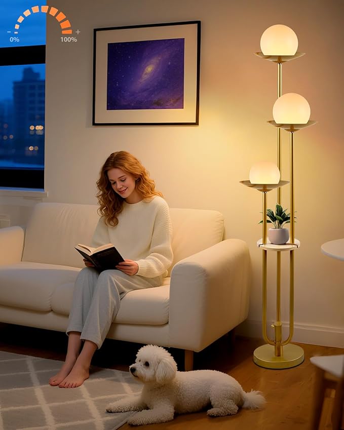 63IN Globe Floor Lamp with Shelf 3-Lights Modern Dimmable Floor Lamps with 3000K Soft Warm White Bulbs for Wedding/Party, Gold Tall Standing Lamp with 5Lbs Heavy Base for Living Room/Bedroom