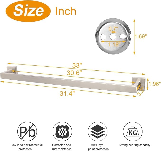 TocTen Bath Towel Rack - Square Base Thicken SUS304 Stainless Steel Towel Bar for Bathroom, Bathroom Accessories Towel Rod Heavy Duty Wall Mounted Towel Holder. (Brushed Nickel, 33)