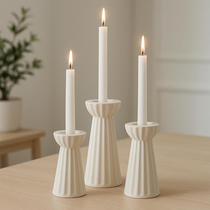 Honeydak Set of 3 Ceramic Taper Candle Holder Cream White Candlestick Holder Fluted Candle Stick Stand Boho Nordic Modern Decorative Table Centerpiece Wedding Home Dinner Party Housewarming Gift
