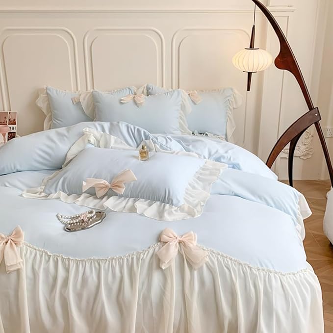 Ruffled Bedding Bow Duvet Cover Set with Butterfly Tie, Princess Style 1 Duvet Cover with 2 Pillowcases,Zipper Closure, No Comforter-Blue,Queen Size