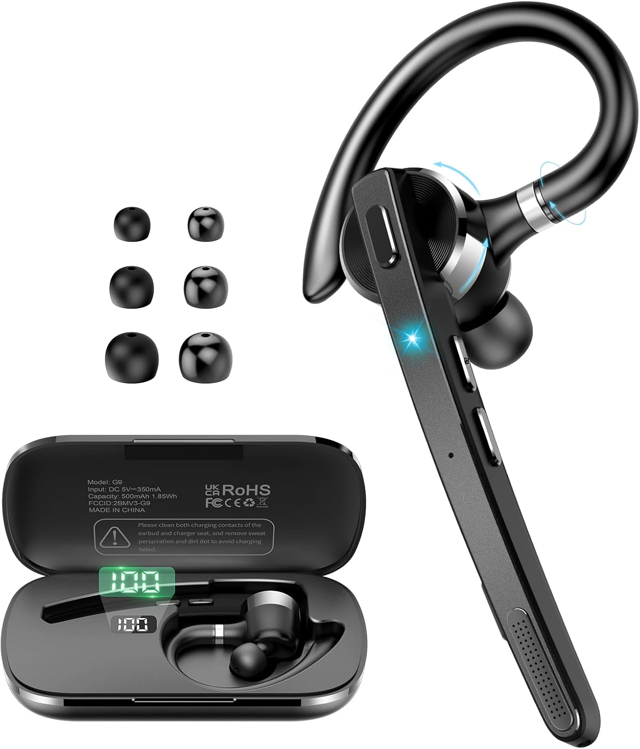 Thunelec Bluetooth Headset - Wireless 5.3 Earpiece with 90Hrs Battery Life & APTX HD Audio | Dual Noise Cancelling Mics