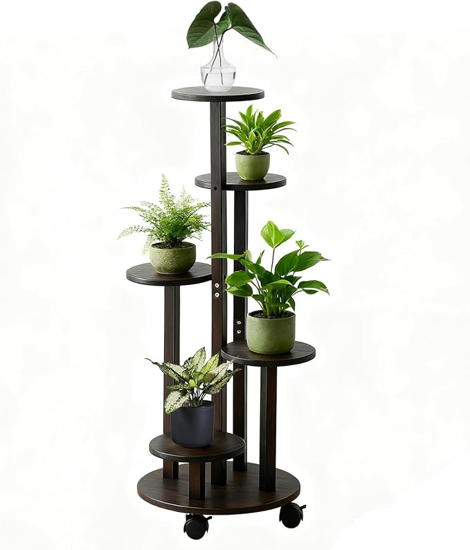 5 Tier Plant Stand Indoor, Wood Plant Shelf Corner Display Rack with Wheels, Multiple Plants Ladder Holder for Living Room Balcony Bedroom Garden Patio (Dark brown, 5 Tier)