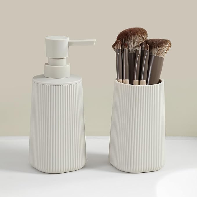 YAUKPH Bathroom Accessories Set 2 Piece Soap Dispenser and Toothbrush Holder for Bathroom Countertop Striped Beige