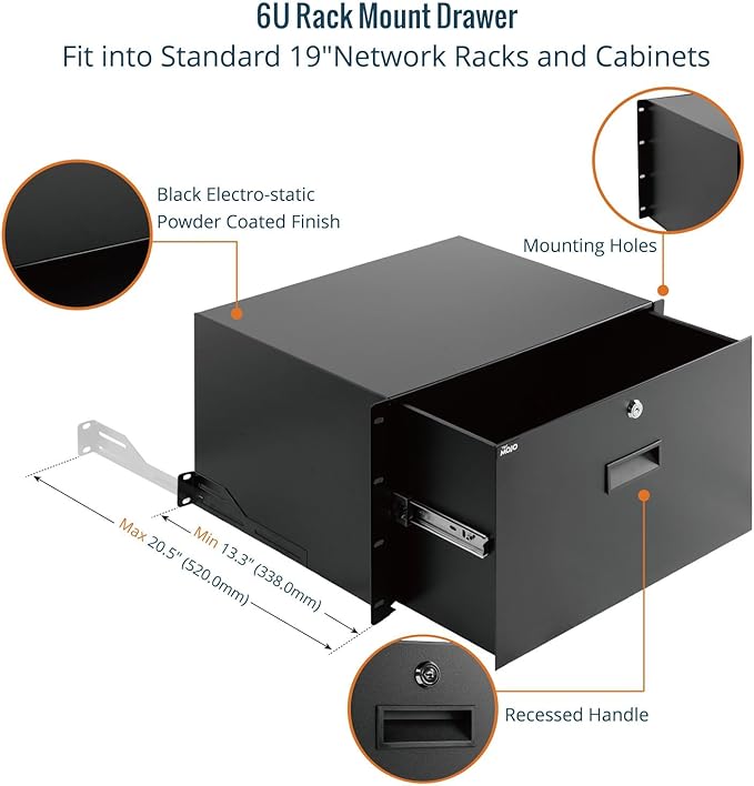 Tecmojo 6U Rack Drawer,Rack Mount Drawer for 19in Network Equipment/Server/AV Rack or Cabinet Enclosure,Sliding and Lockable Server Rack Drawer - Load-Bearing 44lb (20kg),with Cable Management Holes