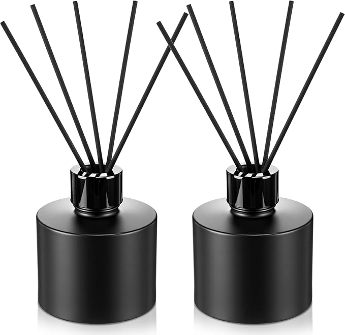 Chunful 2 Sets Black Reed Diffuser Bottle Empty Refillable Fragrance Glass Diffuser Bottles 100ml Round Glass Jars with Black Caps & Rattan Sticks for Living Room Home Replacement Fragrance DIY