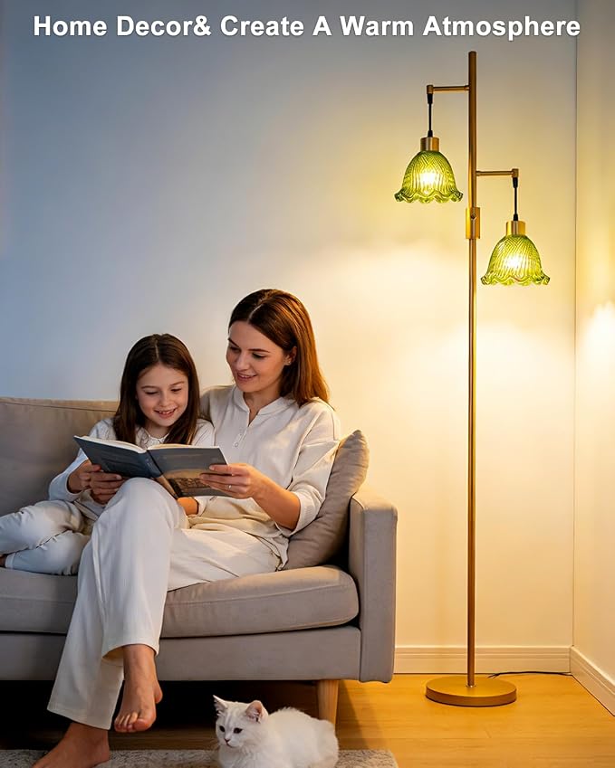 Lightdot 2- Light Gold Flower Floor Lamp for Living Room, 65IN Dimmable Floor Lamps with Green Glass Shade& Warm White Bulbs, Modern Standing Tall Lamp with 5Lbs Heavy Base for Bedroom Home Office