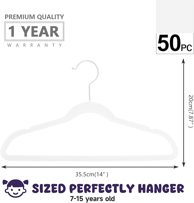 MIZGI Kids Velvet Hangers,Non-Slip Big Kids Hangers,14 Inch Hangers for Youth,Teen Clothes,Pack of 50
