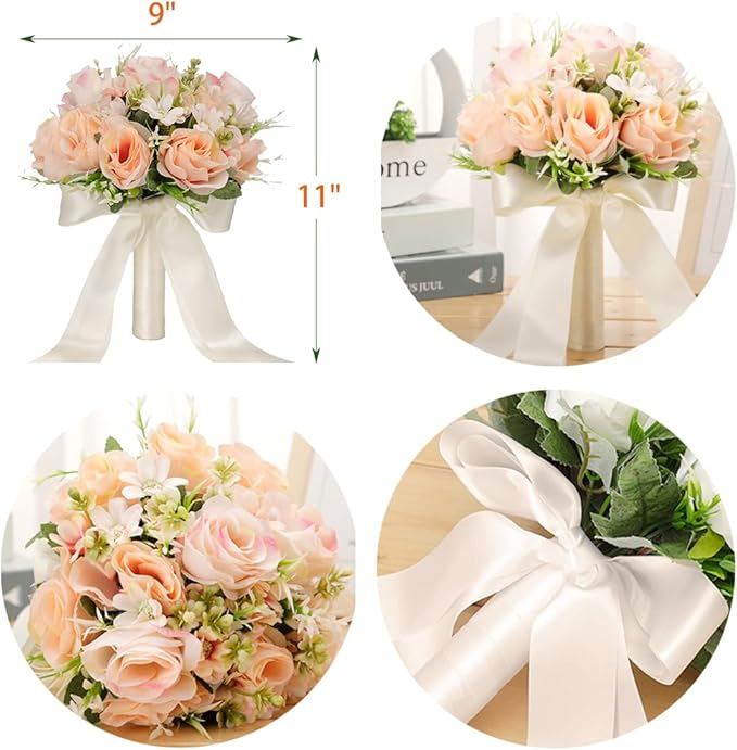 CYANLUX Wedding Bouquets for Bride Bridesmaid Bouquet Champagne White Artificial Roses Flowers for Wedding Valentine's Day Church Home Decoration (Champagne)…