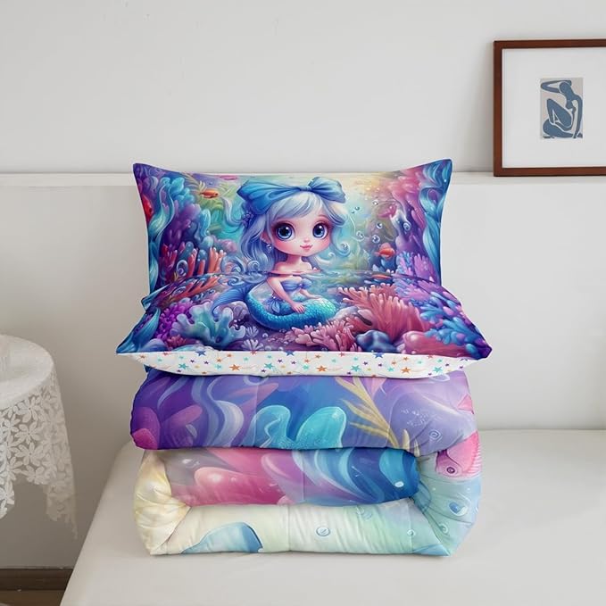 Cute Mermaid Comforter Set Queen Size,Beautiful Mermaid Fairy Tale Reversible Bedding Set for Women Adult,Watercolor Coral Cartoon Undersea World Luxury Bed Duvet Insert, 2 Pillowcases