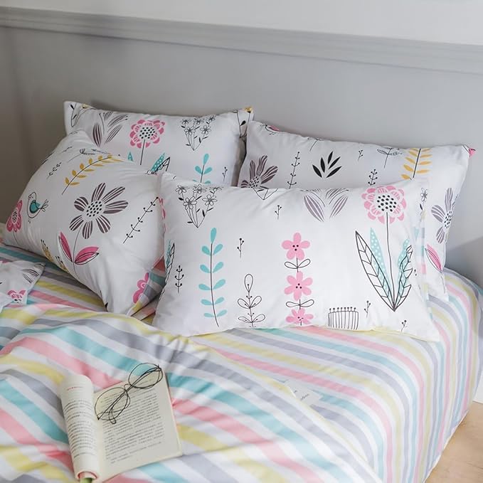 LifeTB Botanical Floral Duvet Cover Twin XL Girls Floral Print Bedding Sets Garden Style Aesthetic Duvet Cover 100% Cotton Flower Comforter Cover Kids Kawaii Bedding Cover Twin XL with 2 Pillowcases
