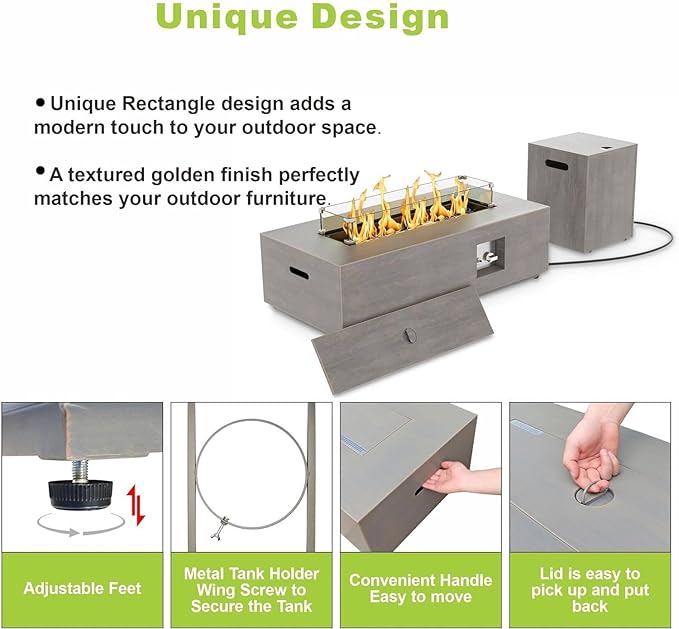 2-Piece 42" LED Rectangular Propane Fire Pit for Outside Patio with Hidden Tank Table, 50,000 BTU Fireplaces with Glass Wind Guard, Lid, Glass Rocks, Cover(Light Grey w/RGB Light)