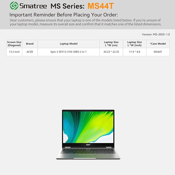 Smatree MS44T Hard EVA Protective Sleeve Case with Stand Compatible for 13.3 inch Acer Spin 3 SP313-51N-50R3 2 in 1 Laptop, Slim and Anti-Shock Case(Not Fit with 14 inch Spin 3 SP314)