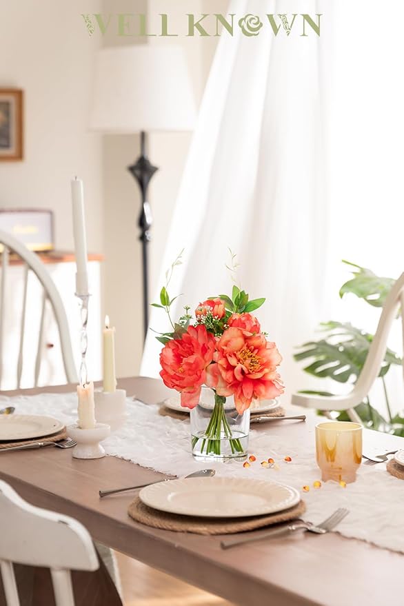 WELL KNOWN Artificial Flowers in Glass Vase with Fake Water, Silk Peony Flower Bouquet for Home Dinning Tea Table, Office Desktop, Hotel, Wedding, Party, Lavatory Decor & Gift (Coral and Orange)