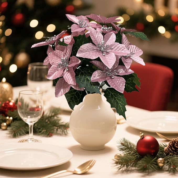 8 Pack 5 Heads Christmas Artificial Poinsettia Flowers Faux Poinsettia Bush Bouquets Silk Poinsettia Christmas Tree Ornaments Poinsettia Flower Arrangement for Home Decor