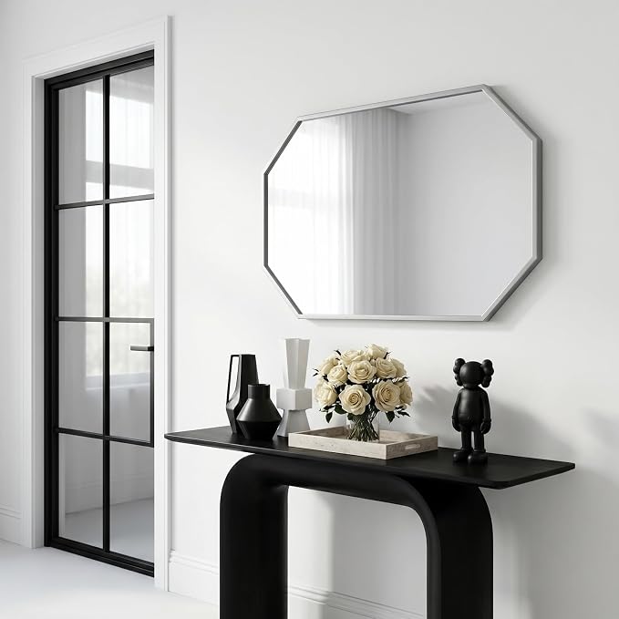 20"x28" Octagon Metal Mirror, Farmhouse Silver Bathroom Mirror, Rectangle Wall Mounted Vanity Mirror Hanging for Bedroom Entryway Living Room Farmhouse Horizontal/Vertical