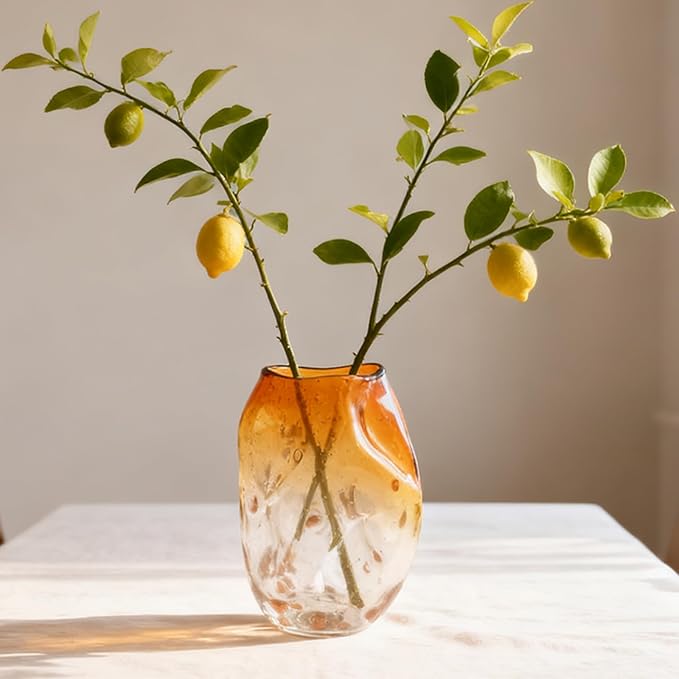 Amber Glass Vase – 9in Handmade Decorative Vase for Flowers, Modern Brown Gradient Glass Vase for Home Decor, Living Room Centerpiece, Dining Table, Entryway or Wedding Decoration