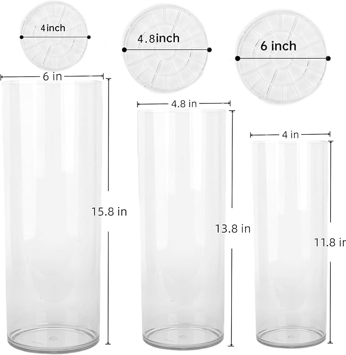 Acrylic Cylinder Clear Vases, Tall Large Plastic Flower Vase for Bouquet, Unbreakable Hurricane Vases Set of 3 for Centerpieces (D 6", D 4.8", D 4" + 3 Holder)