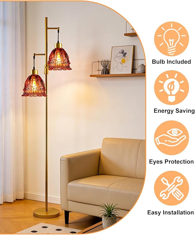 Lightdot 65IN Glass Floor Lamp for Living Room, 2- Light Gold Flower Floor Lamps with Rose Red Glass Lampshade,3000K Warm White Modern Standing Tall Lamp with 5Lbs Heavy Base for Bedroom Corner