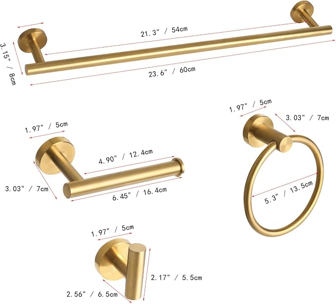 Brushed Gold Bathroom Hardware Accessories Set 5 Piece, Stainless Steel Bath Towel Bar Set 24 Inch,Toilet Paper Holder,Towel Ring Holder,Towel Rack Set,Gold Bathroom Accessories Kit