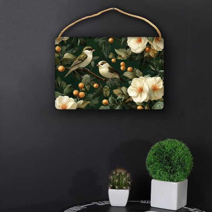 Vintage Bird & Floral Wooden Sign 12x8 Inch, Nostalgic Decor for Retro Lounges, Ideal Present for Antique Collectors & Nature Illustration Fans