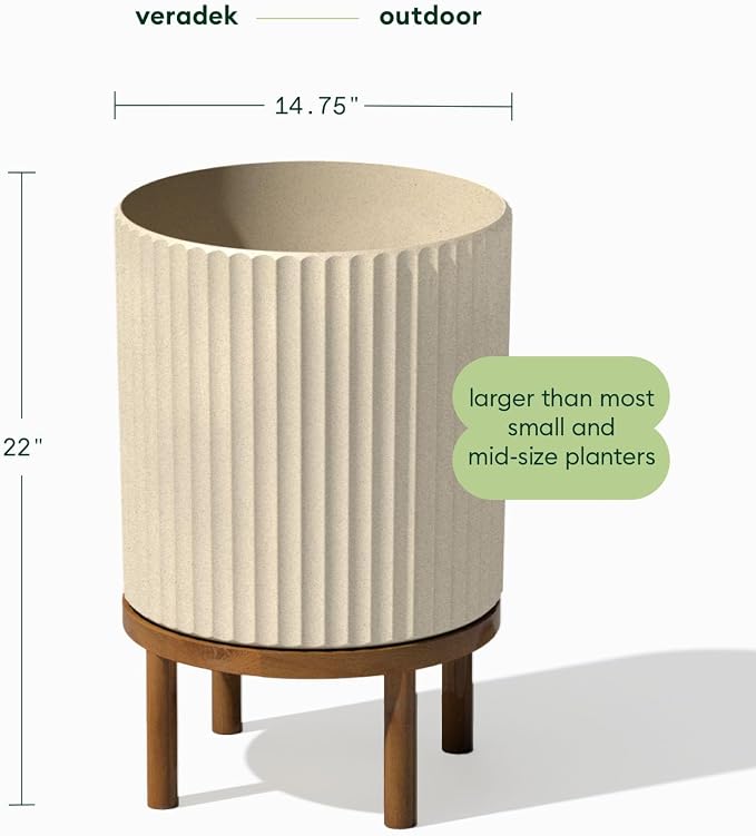 Veradek Demi Series Round Planter w/ Stand for Porch/Patio | Durable Plastic-Concrete & Wooden Stand | Modern Décor for Tall Plants, Flowers