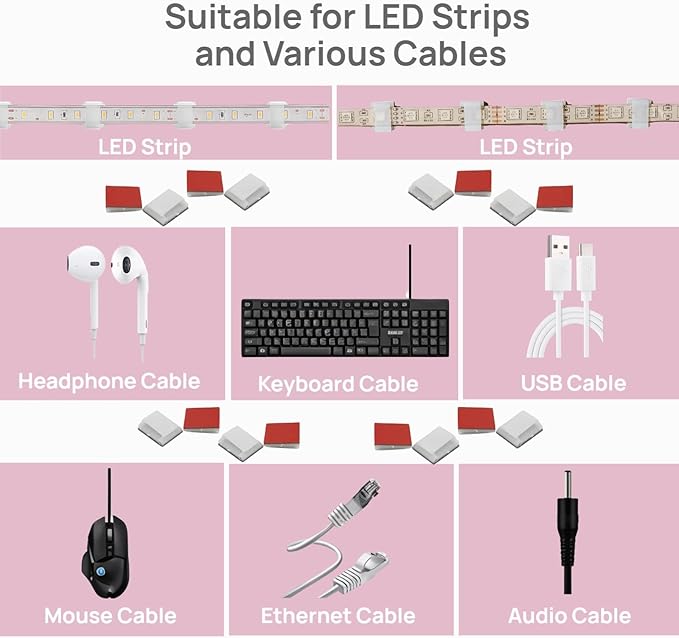 120PCS LED Strip Light Clips, Self-Adhesive Mounting Clips & Mini Cable Clips for 6mm/8mm/10mm Wide Strip Lights, Adhesive Wire Clips Wall Holder for 3528/5050/2835 SMD, Cable Management Solution