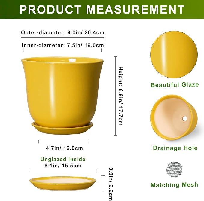Ceramic Pots for Plants - 8 Inch Plant Pot for Indoor Outdoor, Round Planter with Drainage Hole and Tray, Decorative Flower Pot, Modern Planter, Home Patio Decor, House Warming Gift, Yellow
