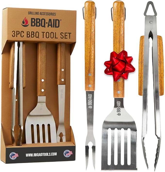 3 Piece BBQ Grilling Accessories Set - BBQ Tongs Spatula Fork Set - Heavy Duty Stainless Steel Barbecue Grill Tools with Solid Hard Wood Handles Great Gift Set
