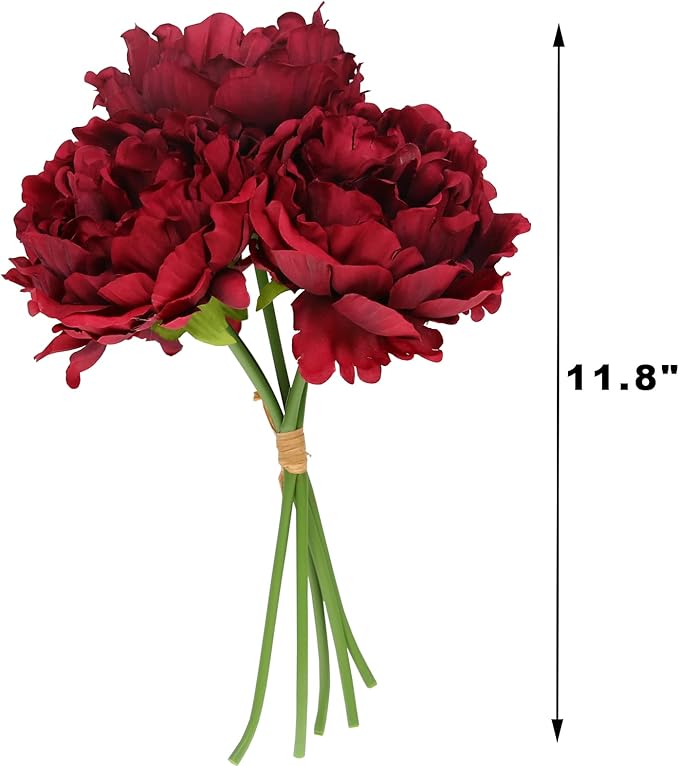 Tinsow Burgundy Artificial Peony Flowers for Halloween Home Decoration, 5 Pcs Red Faux Peonies for Fall Decoration, Silk Flowers Bouquet (5, Maroon)