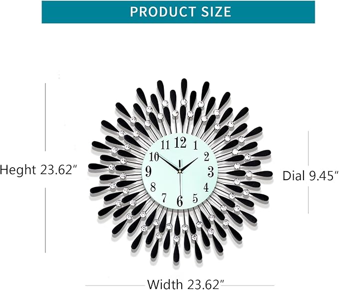 Large Wall Clocks for Living Room Decor Big Modern Silent Clock Non-Ticking for Bedroom Office Kitchen Home Decorative 24 Inch Round Black Clock Crystal Wall Art Decor for Indoor House