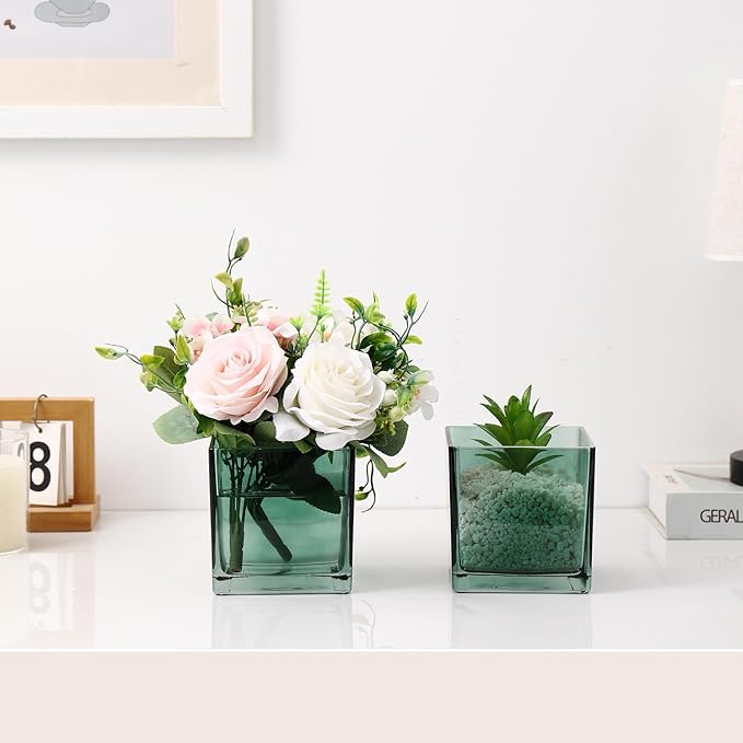 Square Glass Vases Set of 9, 4"x 4"x 4" Flower Vases for Centerpieces, Green Glass Vase for Flowers, Small Vase for Wedding, Party, Home Office Decoration