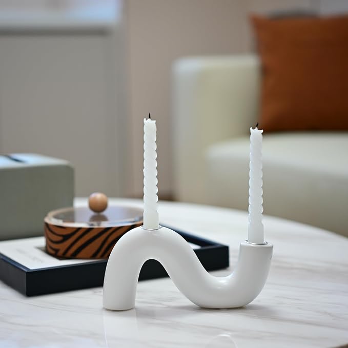 Ceramic Candle Holder, Modern Taper Candlestick Holder for Dining Table, Living Room Coffee Table, Candelabra for 2 Taper Candles-White