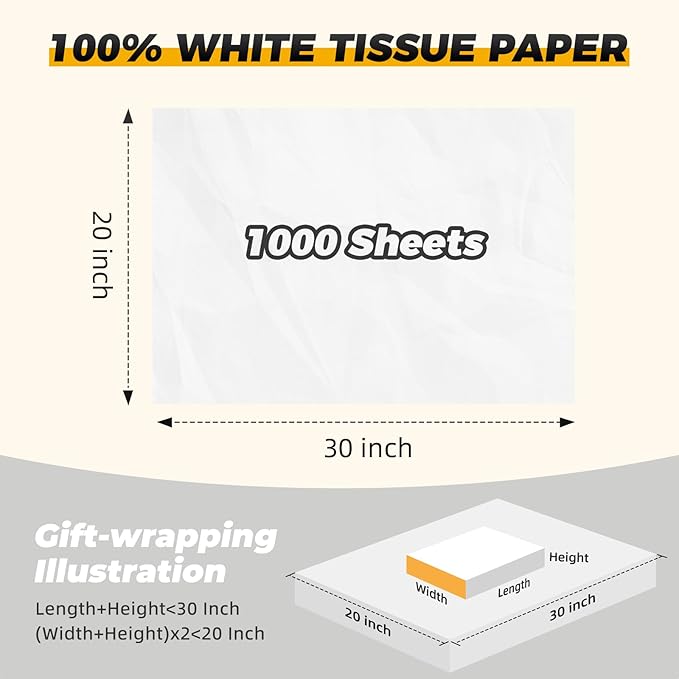 Simetufy 1000 Sheets White Tissue Paper Bulk, 20" x 30" Packing Supplies for Moving & Packaging, Gift Wrapping Tissue Paper for Gift Bags, Weddings, Birthday, Holidays, and Christmas Crafts Decor