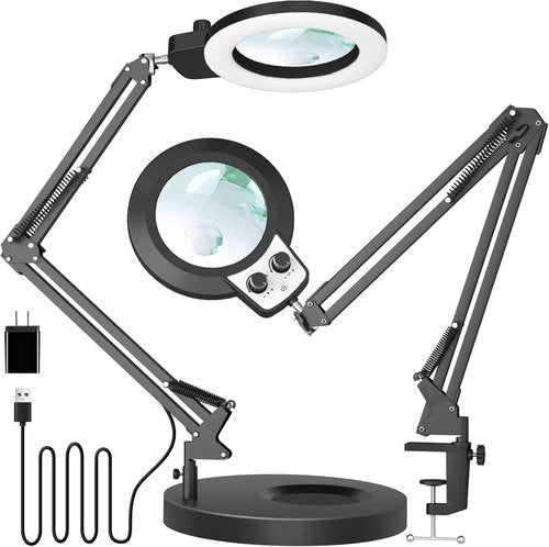 KIRKAS 12X Magnifying Glass with Light - Stepless Brightness LED Desk Lamp with Clamp & Stand