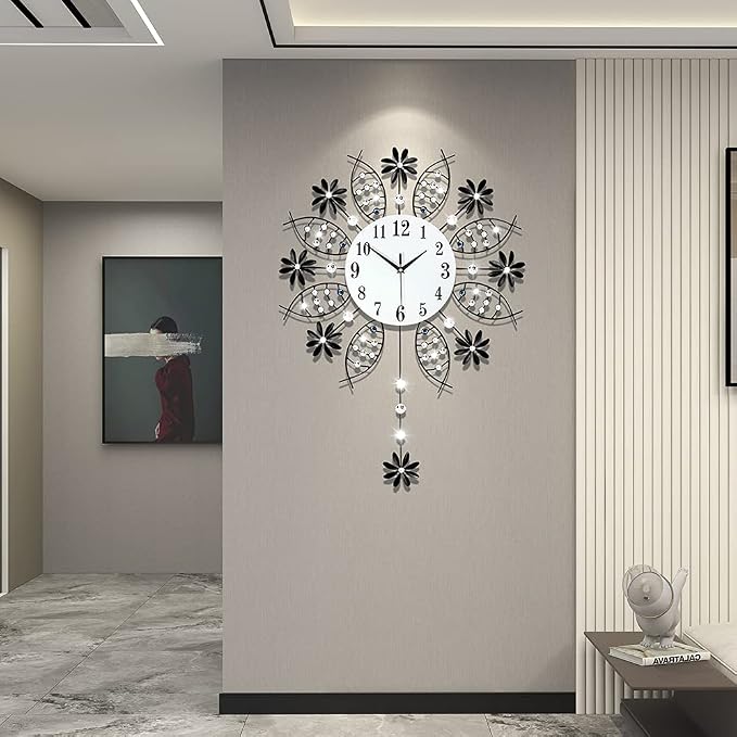 Large Wall Clock for Living Room Decor, Giant Big Silent Modern Battery Operated Glass Pendulum Wall Clock for Kitchen, Bedroom, Oversized Non Ticking Crystal Wall Clock,22 Inch