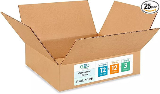 Medium Moving & Shipping Boxes 12"L x 12"W x 3"H (25-Pack) - Extra Strength 200 lb vs Regular - Corrugated Boxes for Shipping - Packing Box for Moving Medium - Box to Pack by IDL Packaging