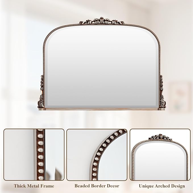 Wall Beaded Mirror, 36 x 27 Inch Round Top Right Angle Wall Mirror, Tempered Glass, Rust Resistant, Horizontally or Vertically Hanging, Silver
