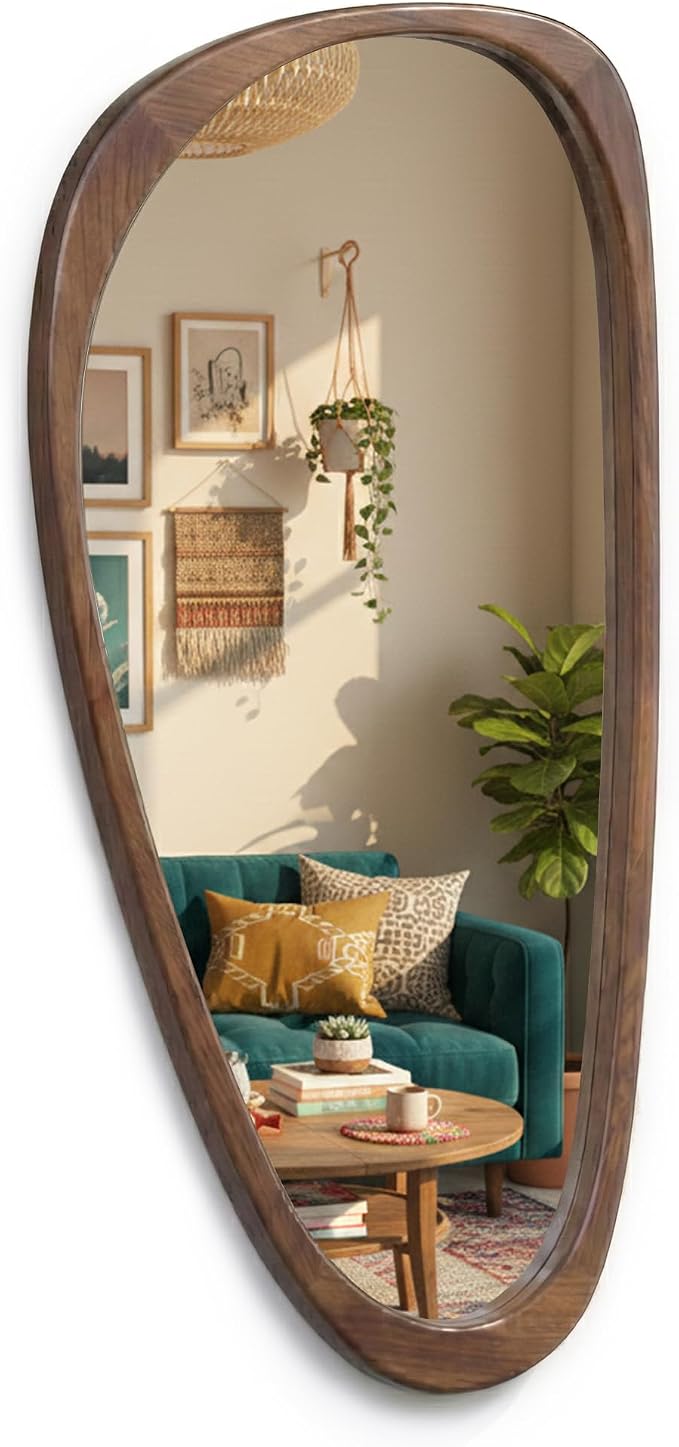 Solid Wood 48"x24" Large Full Length Irregular Mirror, Aesthetic Mid-Century Modern Statement Wall-Mounted Mirror, Modern Organic Asymmetrical Wooden Mirror, Dark Walnut
