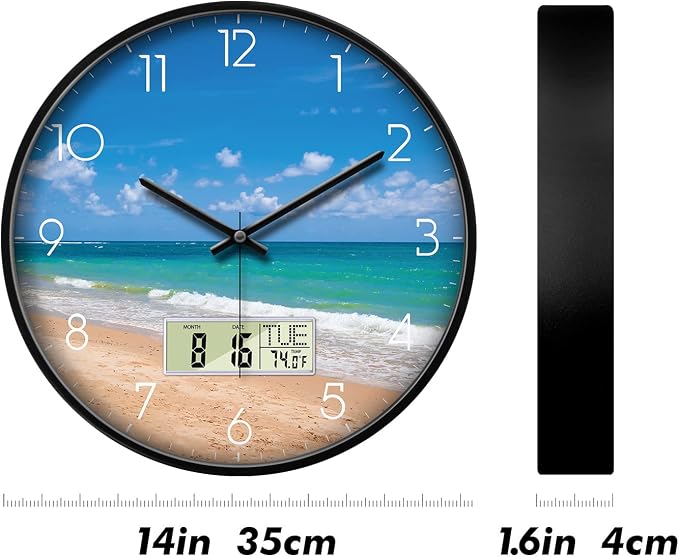 Coastal Beach Wall Clock, 14 Inch Silent Non-Ticking Battery Operated Analog Clock with LCD Date Day Temp Display, Decorative for Living Room, Bedroom, Kitchen, Beach House, Coastal Homes