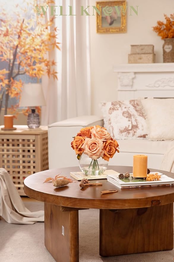 Artificial Flowers Arrangements in Vase with Faux Water, Artificial Orange Silk Rose Bouquet with Vase for Winter Seasonal Home Christmas Wedding Party Centerpieces Decor & Gift (Orange Champagne)