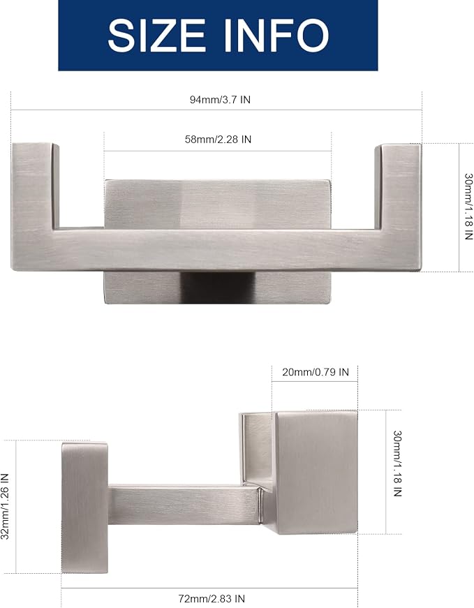 NearMoon Bath Double Towel Hook- SUS304 Stainless Steel Square Robe Towel Holder, Heavy Duty Rustproof Double Coat Hook for Bathroom Livingroom Kitchen Wall Mounted, 2 Pack (Brushed Nickel)