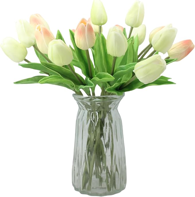 Artificial Flowers 10 Heads Mini Real Touch Artificial Tulip for Home Wedding Party Centerpiece Decoration (Champagne)